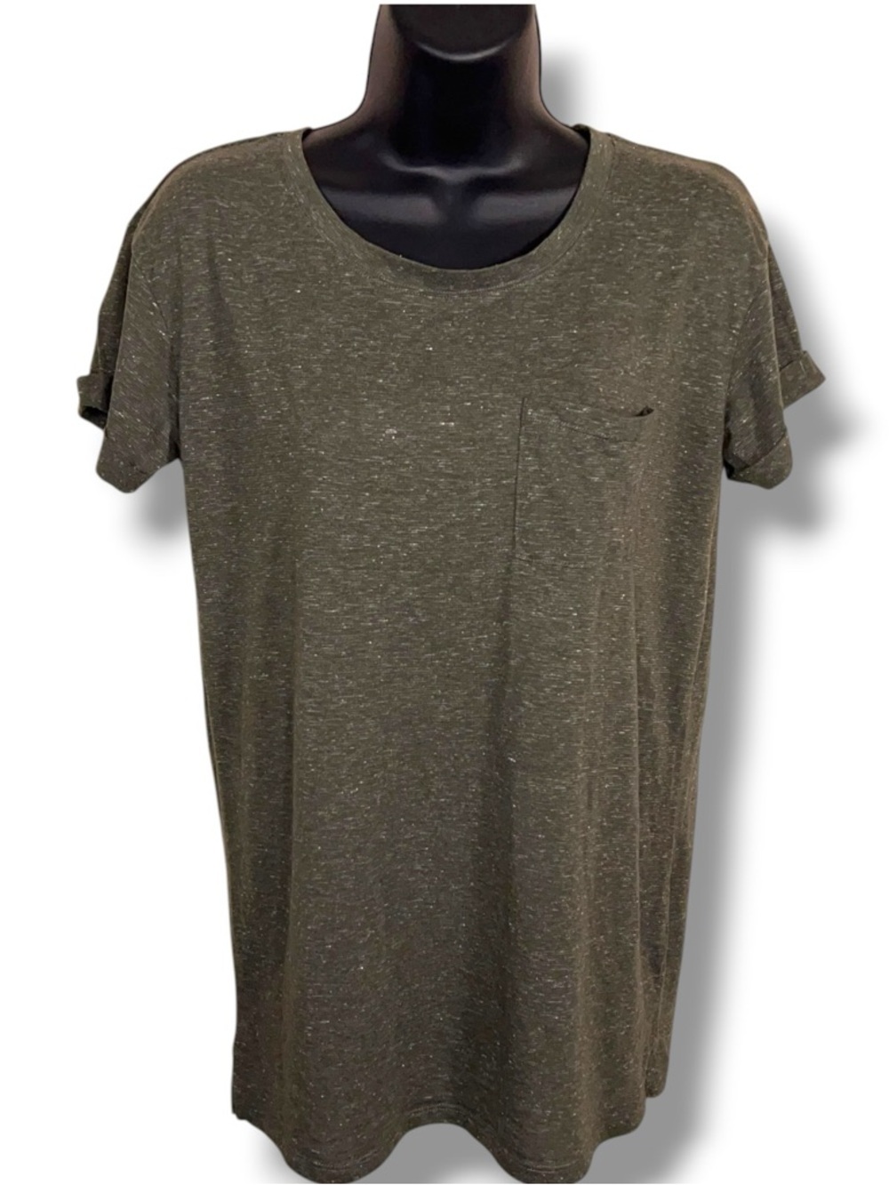 Medium Awake Green Flax Blend Tee Womens Short Sleeve Cuffed Eco Stretch